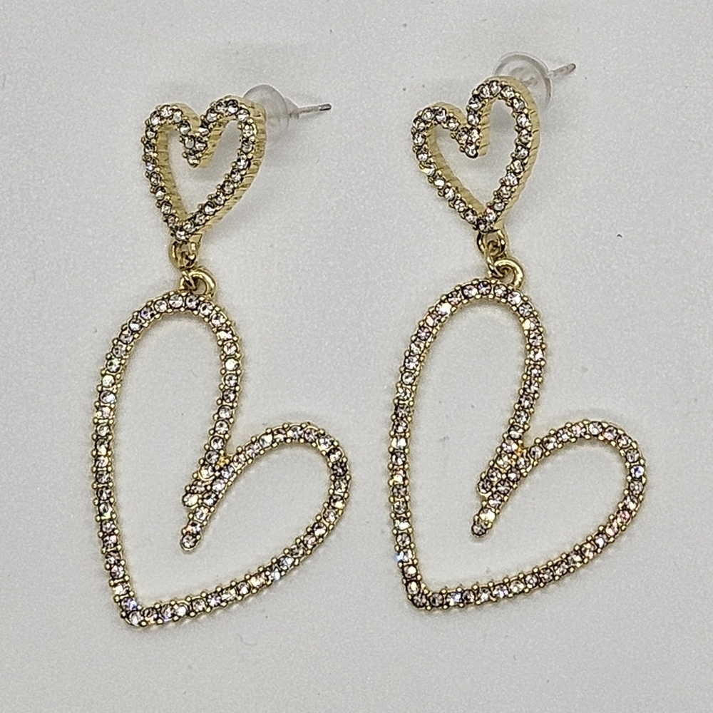 Earrings Rhinestone Double Heart Drop - Picture 12 of 16